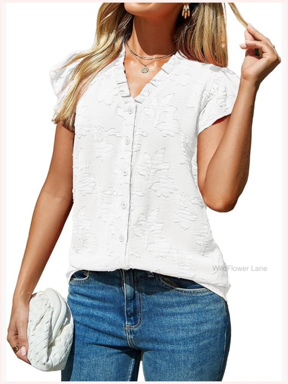 V Neck Ruffle Sleeve Tunic Blouse Boho Floral Top Dressy Casual